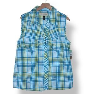 Bit & Bridle Large Top Blue Green Plaid Button Up Sleeveless Timeless Casual NEW